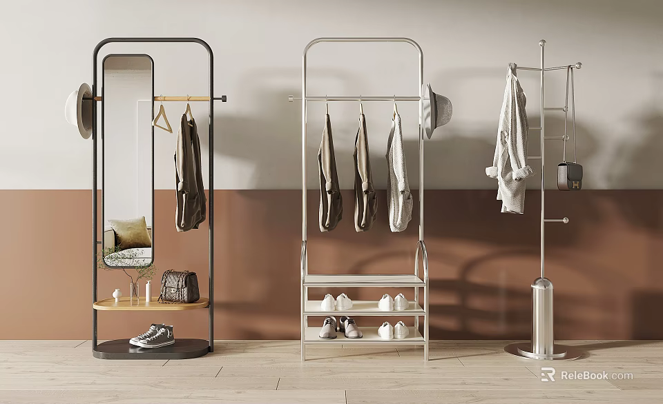 Modern Clothes Racks with Mirror Shoe Shelves Hanging Coats Jackets and Shoes Minimalist Design 3d model 