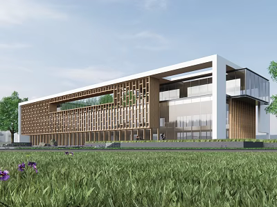 Modern Architectural Building With Wooden Grille Glass Windows And Front Lawn 3d model