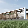 Modern Architectural Building With Wooden Grille Glass Windows And Front Lawn