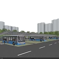 Modern Urban Public Bus Station With Multiple Parked Blue Buses Near City High Rise Buildings