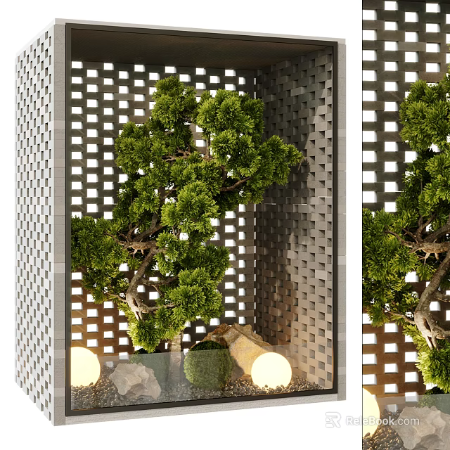 Indoor Landscape Design with Grid Screen Green Plants Stones and Round Lights 3d model 