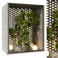 Indoor Landscape Design with Grid Screen Green Plants Stones and Round Lights