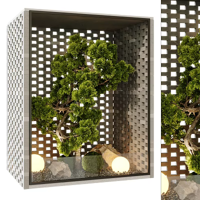 Indoor Landscape Design with Grid Screen Green Plants Stones and Round Lights 3d model