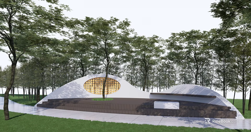 Park Landscape with White Curved Buildings Circular Windows Grass and Pathway 3d model 