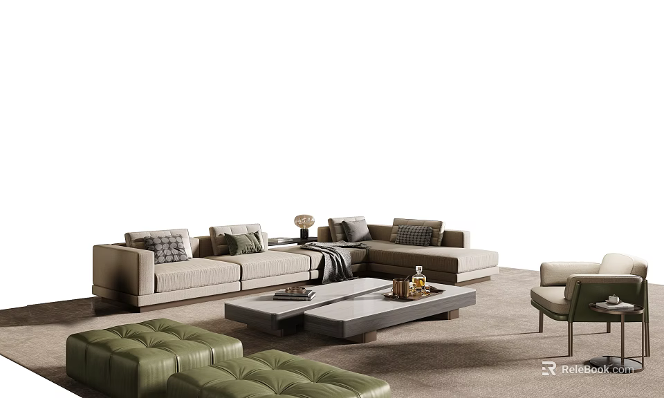 Modern Beige Sectional Sofa And Coffee Table Set With Green Ottoman And Minimalist Design 3d model 
