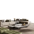 Modern Beige Sectional Sofa And Coffee Table Set With Green Ottoman And Minimalist Design