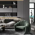 Modern Living Room Interior With Grey L Shaped Sofa Green Armchair And Circular Mirror