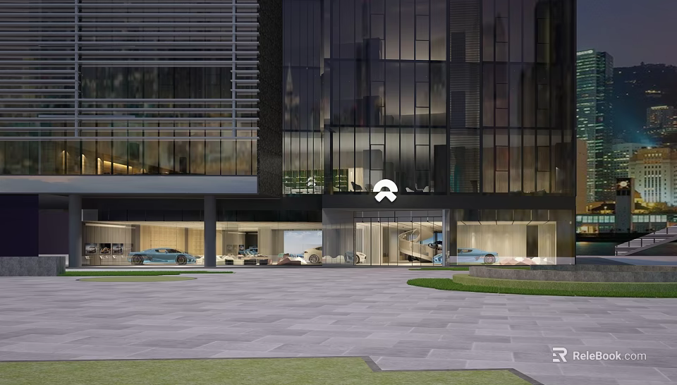 Modern Glass Facade Building With Brand Logo And Car Display On Spacious Plaza Lawn 3d model 
