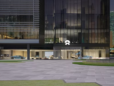 Modern Glass Facade Building With Brand Logo And Car Display On Spacious Plaza Lawn 3d model