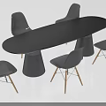 Modern Dining Table Set Featuring Oval Black Table Cylindrical Legs Gray Chairs Wooden Legs