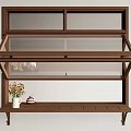 Brown Wooden Wall Mounted Display Cabinet With Glass Door And Flower Vase