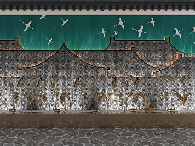 Elegant Chinese Green Background Wall With White Cranes Traditional Roof Tile Design And Golden Decorations 3d model