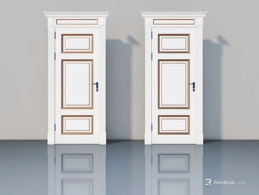 Two White Hinged Doors Featuring Wooden Frame And Panel Design In Interior 3d model 