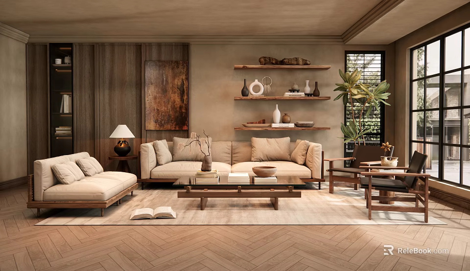 Modern Living Room Interior With Beige Sofa Coffee Table And Decorative Shelves Plant 3d model 