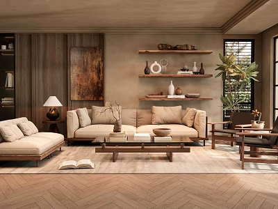 Modern Living Room Interior With Beige Sofa Coffee Table And Decorative Shelves Plant 3d model