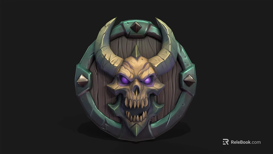 Dark Fantasy Shield With Skull Head Horns Purple Eyes And Metal Wooden Accents 3d model 