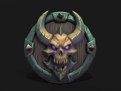 Dark Fantasy Shield With Skull Head Horns Purple Eyes And Metal Wooden Accents 3d model