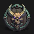 Dark Fantasy Shield With Skull Head Horns Purple Eyes And Metal Wooden Accents