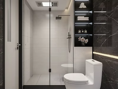 Modern Bathroom Interior Design With Glass Shower Enclosure Toilet Tiled Walls And Shelves Lighting 3d model