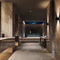 Elegant Modern SPA Sauna Interior With Marble Walls Massage Table Wooden Shelf And Soft Lighting