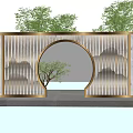 Scenic Garden Wall Featuring Circular Arch Wooden Lattice And Marble Panels With Green Plant