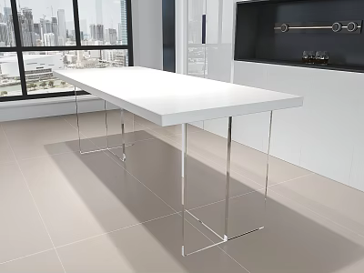 Modern Dining Table With White Tabletop And Stainless Steel Legs In Bright Modern Room 3d model