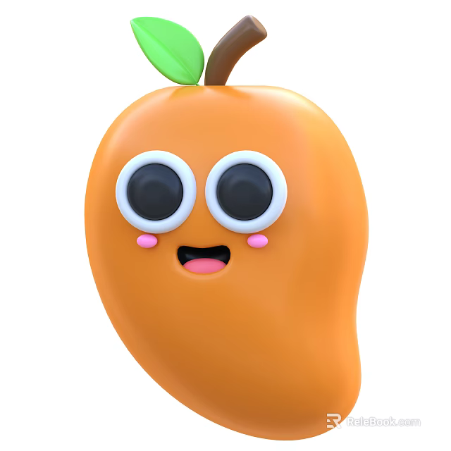 Cartoon Mango Character With Smiling Face Big Eyes Pink Cheeks Green Leaf And Brown Stem 3d model 