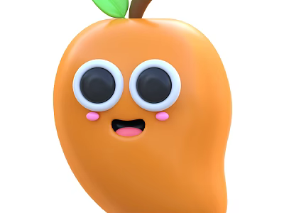 Cartoon Mango Character With Smiling Face Big Eyes Pink Cheeks Green Leaf And Brown Stem 3d model