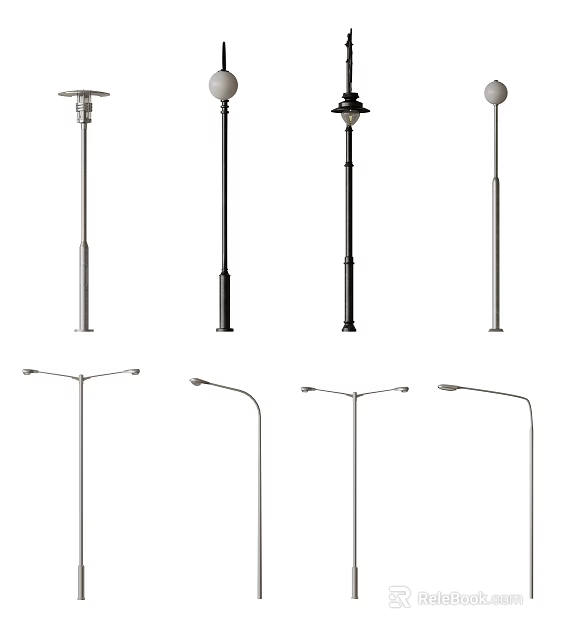 Various Styles Of Outdoor Street Lights With Different Pole Designs And Lamp Head Shapes 3d model 