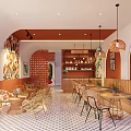 Café Storefront with Orange White Striped Awning Glass Doors and Potted Plants