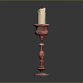 Ornate Red Candlestick Holder With White Candle And Detailed Carvings