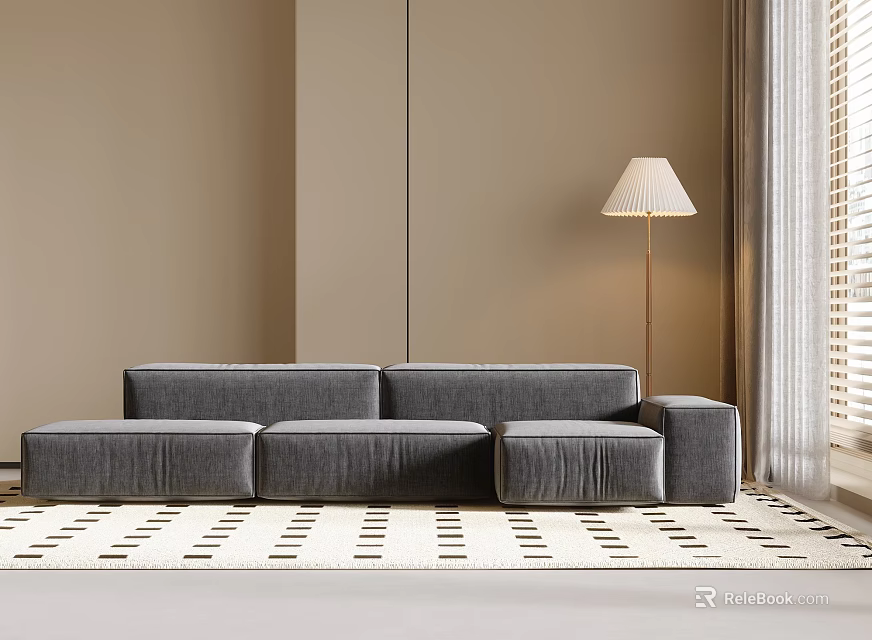 Gray Modular Multi Person Sofa With Beige Walls Floor Lamp Geometric Rug And Curtains 3d model 