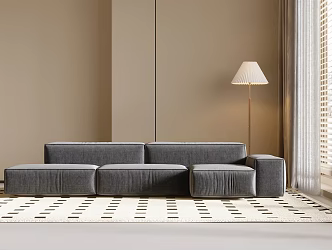 Modern One-word Multi-person Sofa Floor Lamp Fabric Sofa 3d model