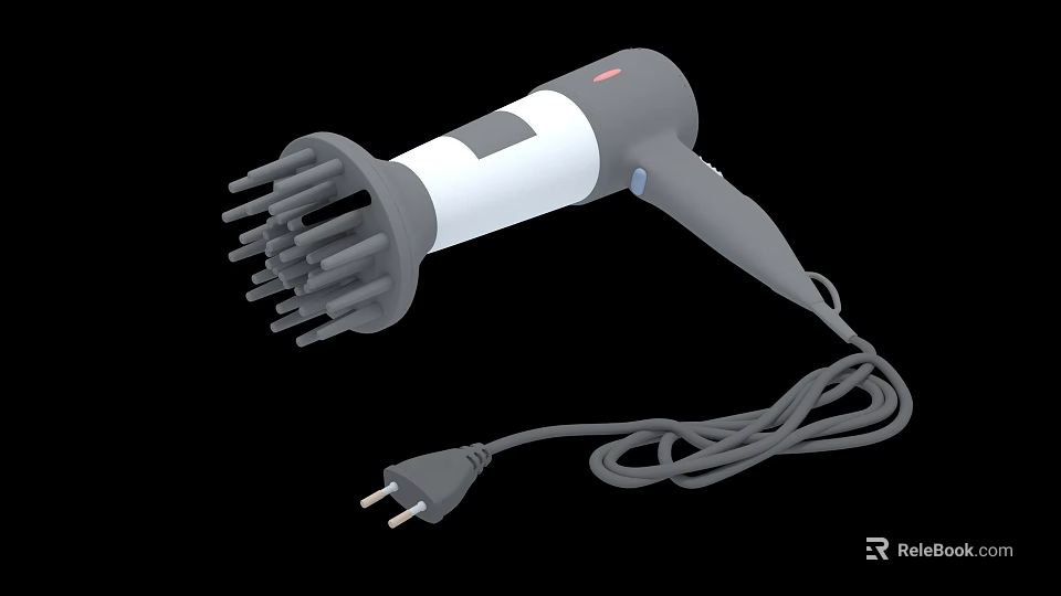Smart Hair Dryer With Multiple Nozzle Attachments And Power Plug Cord 3d model 