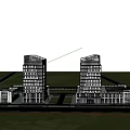 Modern Hotel Building with Tall Glass Windows Surrounded by Grass Trees in Rainy Scene