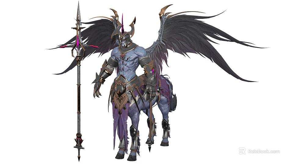 Armored Rider on Winged Horned Creature with Spear Dark Wings and Purple Accents 3d model 