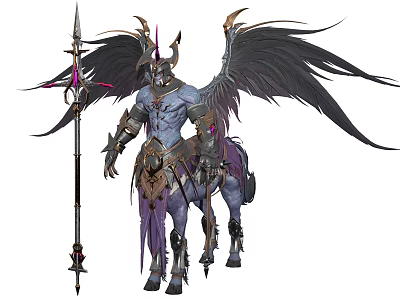 Armored Rider on Winged Horned Creature with Spear Dark Wings and Purple Accents 3d model