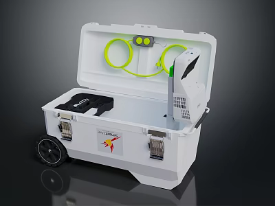 White Wheeled Hardware Toolbox with Green Loops Black Tool and White Internal Device 3d model