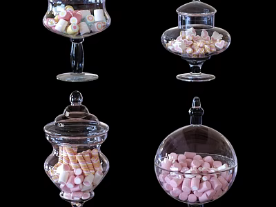 Colorful Marshmallows Stored in Clear Glass Jars With Various Shapes 3d model