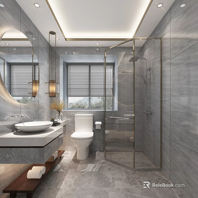 Modern Luxury Bathroom Interior Design With Grey Marble Tiles And Elegant Gold Framed Shower Enclosure 3d model 