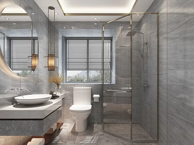 Modern Luxury Bathroom Interior Design With Grey Marble Tiles And Elegant Gold Framed Shower Enclosure 3d model