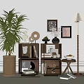 Wooden Multi Tiered Decorative Cabinet With Books Sculptures And Potted Plant