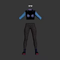 Fashionable Women's Outfit with Black Top Contrast Blue Sleeves Textured Dark Pants and Pink Shoes
