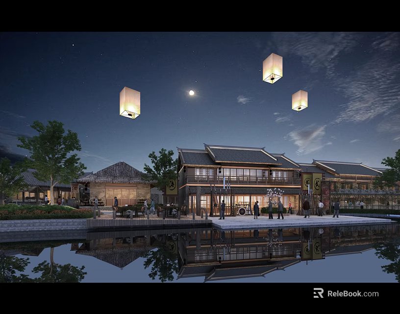 Ancient Architecture Night View With Hanging Lanterns Moon And Water Reflection 3d model 