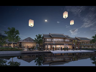 Ancient Architecture Night View With Hanging Lanterns Moon And Water Reflection 3d model