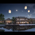 Ancient Architecture Night View With Hanging Lanterns Moon And Water Reflection