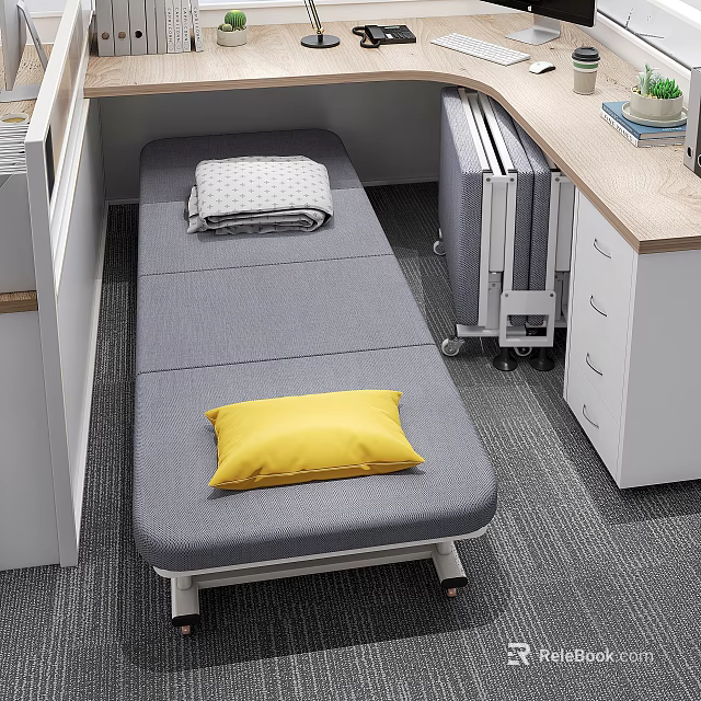 Grey Folding Bed With Yellow Pillow Grey Blanket Near White Radiator And Wooden Desk 3d model 