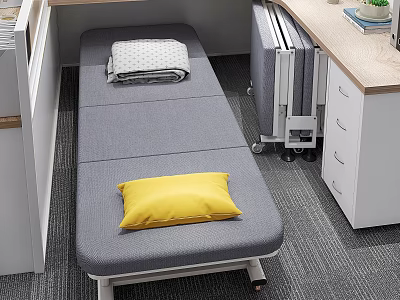 Grey Folding Bed With Yellow Pillow Grey Blanket Near White Radiator And Wooden Desk 3d model