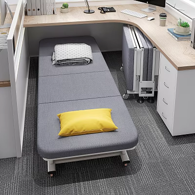 Grey Folding Bed With Yellow Pillow Grey Blanket Near White Radiator And Wooden Desk 3d model
