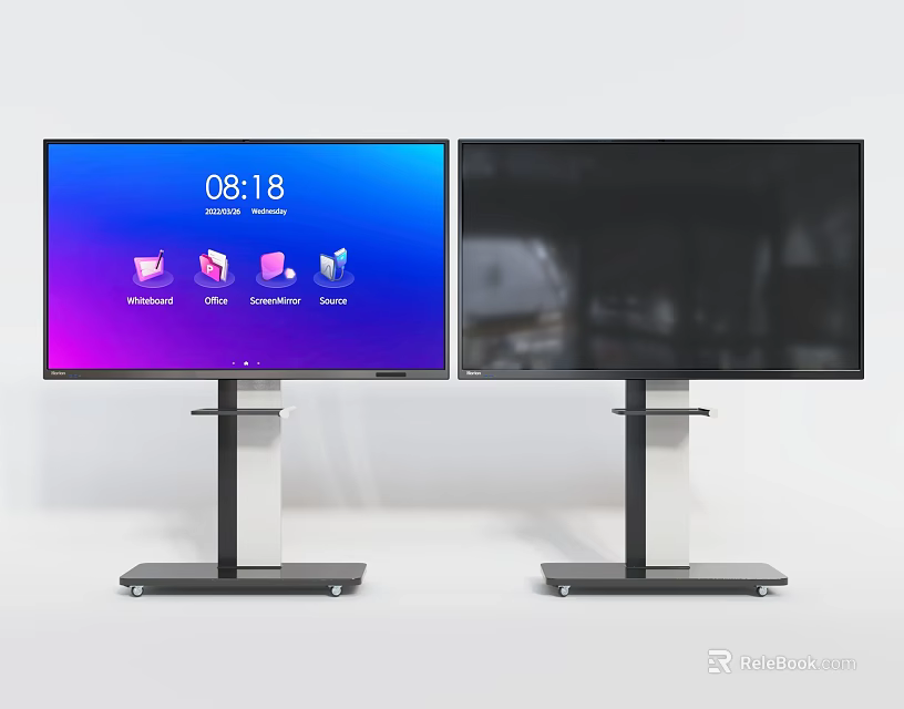 Two Smart Televisions Showing Interface And Black Screen With Modern Stand 3d model 